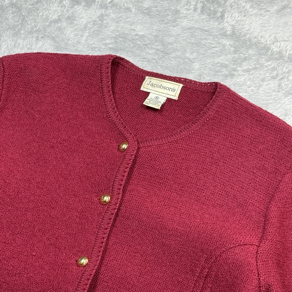 Jacobson's Cardigan Sweat Jacket Women Medium Red Gold Buttons Scalloped 90s - Picture 2 of 8